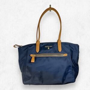 Michael Kors Tote Bag Logo Navy Blue Nylon With Tan Shoulder Straps‎ Full Zip
